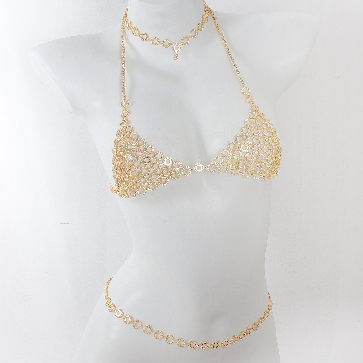 Body Jewelry Necklace - ชุดเครื่องประดับแฟชั่นแบบต่อเป็นวงกลมที่ทันสมัยแบบสายรัดเอวติดพลอยเทียมสไตล์หรูหรามีสายโซ่สามชิ้น