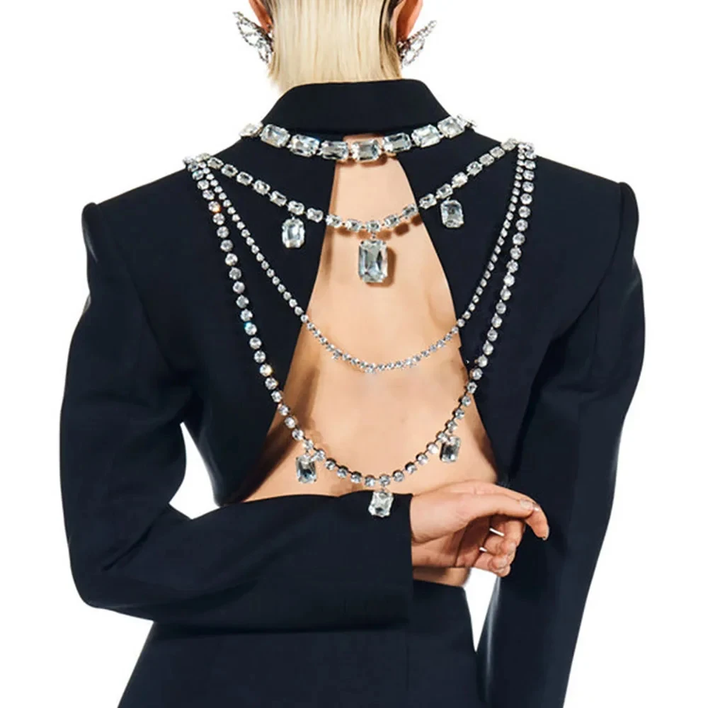 Body Jewelry Retainers - แวววาว rhinestone ยาวพู่โซ่หลังร่างกายเครื่องประดับสำหรับผู้หญิงคริสตัลหลายชั้นจี้สี่เหลี่ยมขนาดใหญ่ควรโซ่สร้อยคอ