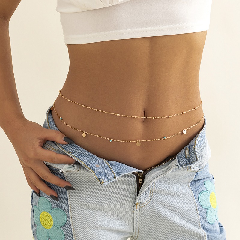Body Jewelry For You - สร้อยโซ่คาดเอวแบบเลเยอร์สำหรับผู้หญิง ดีไซน์เรียบหรู จี้แผ่นกลมและลูกปัดชุบทอง เครื่องประดับร่างกายสำหรับปาร์ตี้บิกินี่ฤดูร้อน